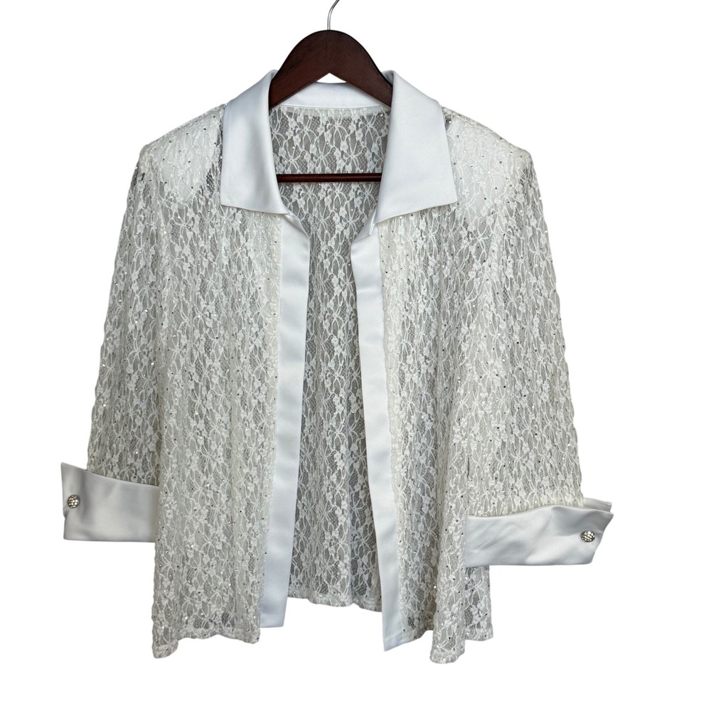 R&M Richards Lace Jacket Women 16WP White Nylon Sequin Satin Trim Formal Topper